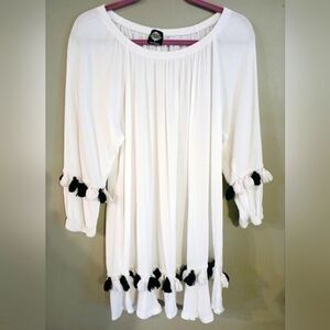 Calstyle White/ Black Tassel Flowy Off-The-Shoulder Festival Mini Dress - sz L